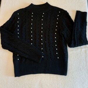 Sofie E Cable Knit Pearl Embellished Mock Neck Sweater Black S